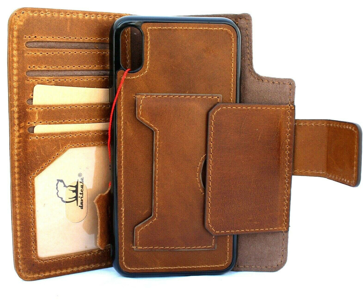 Handmade genuine leather iPhone XS Max case by DAVISCASE with wallet, credit card slots, soft rubber stand, and wireless charging compatibility.
