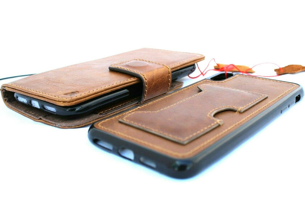 Handmade genuine leather iPhone XS Max case by DAVISCASE with wallet, credit card slots, removable stand, soft rubber grip, wireless charging