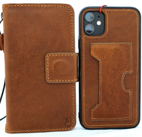 Genuine natural tanned Leather case For Apple iPhone 11 Pro Case Cover Vintage Wallet Credit Cards ID window Holder  Book Removable Detachable Holder Slim Jafo Wireless charging