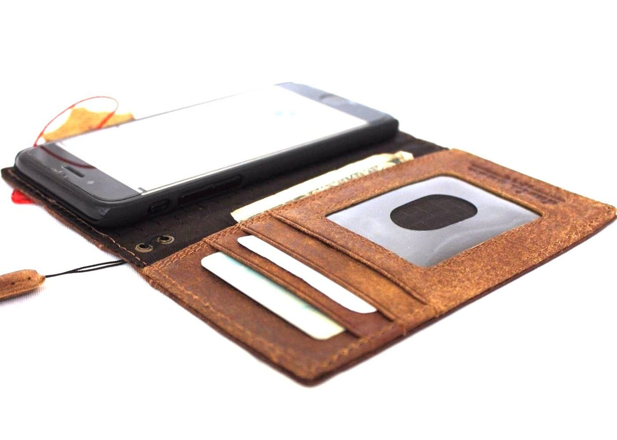 Genuine full leather book-style wallet case for iPhone 8, featuring vintage design and slim profile with card slots.