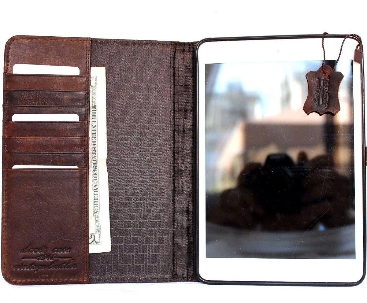 Genuine brown leather iPad Mini 4 case with card slots, magnetic closure, slim design, for vendor-unknown brand.