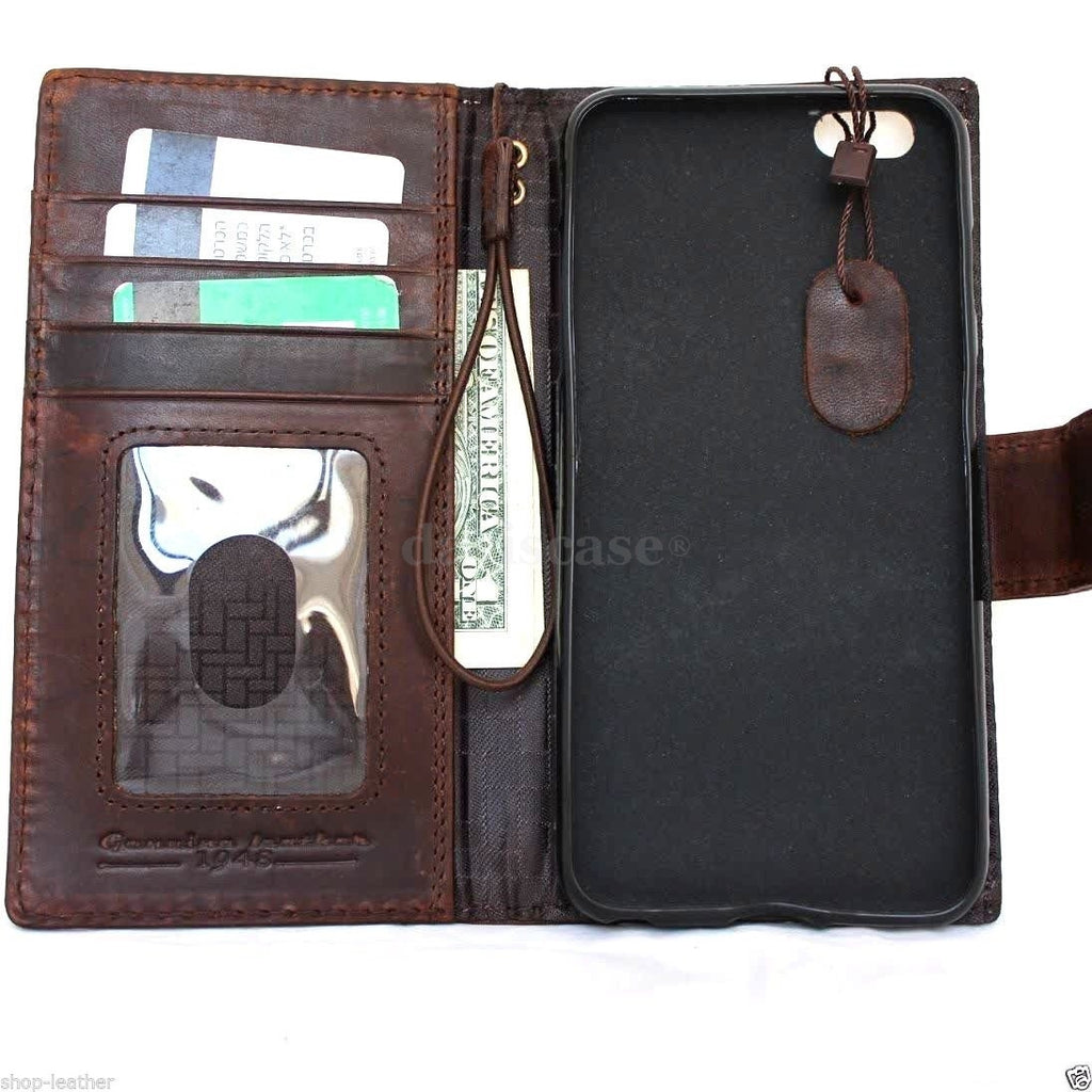 Genuine Italian leather iPhone 6 Plus case with flip wallet design, credit card slots, and magnetic closure in luxurious handmade style.