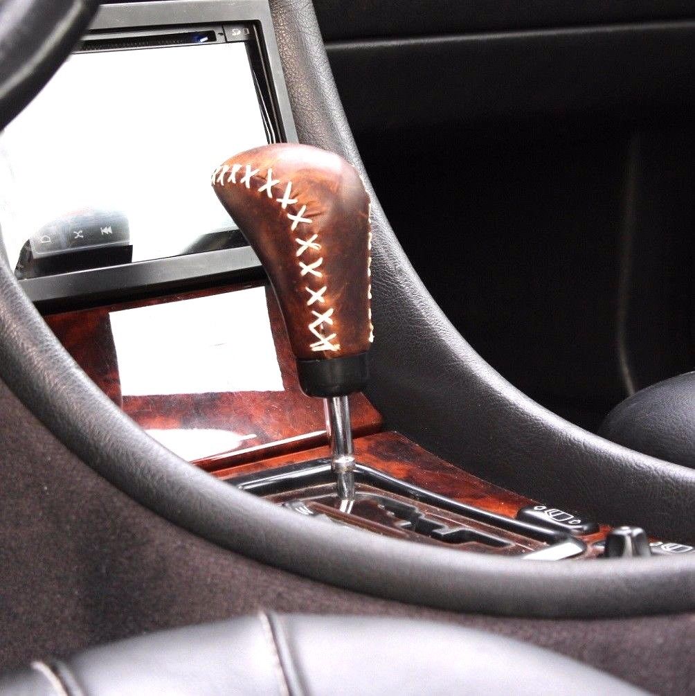 Handmade genuine leather gear shift knob for Mercedes-Benz, DAVISCASE car shifter lever with detailed craftsmanship.