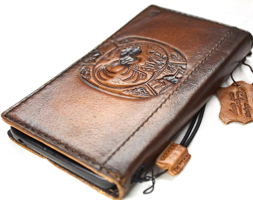 Handmade genuine leather phone case by DAVISCASE for Galaxy S22, S21, S20, Note 20, A71, A51, and more with vintage art wallet design.