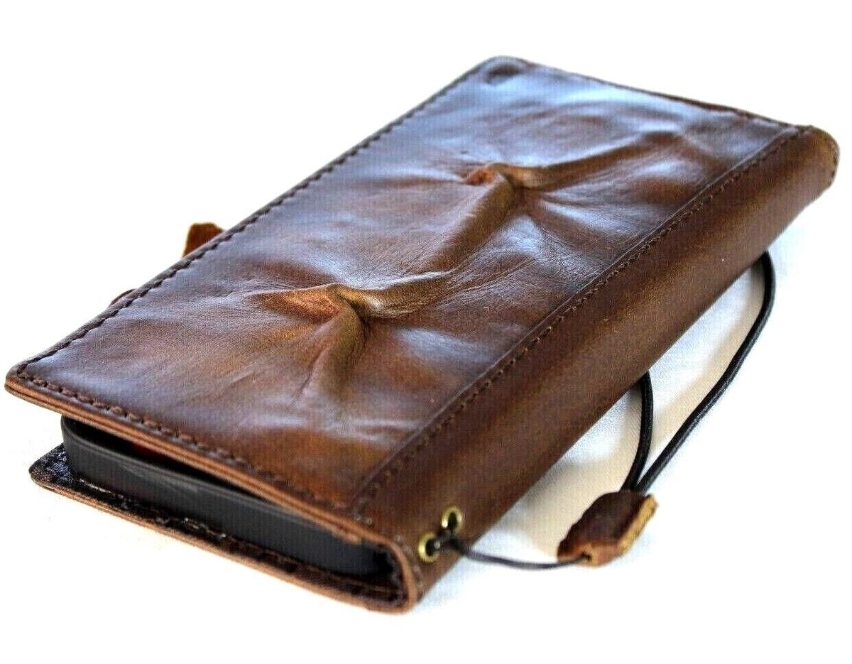 Handmade genuine leather phone case for iPhone and Samsung models, vintage style with card slots and full grain leather finish.