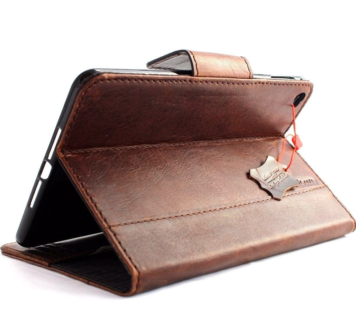 Natural full leather iPad mini 4 case with card slots, magnetic closure, slim design, in rich brown leather.