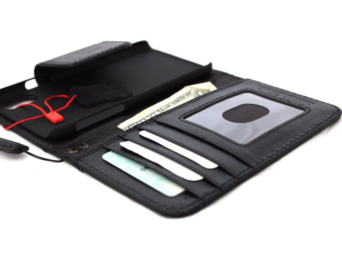 Black genuine leather iPhone X wallet case with card slots and magnetic closure, featuring a slim vintage design.