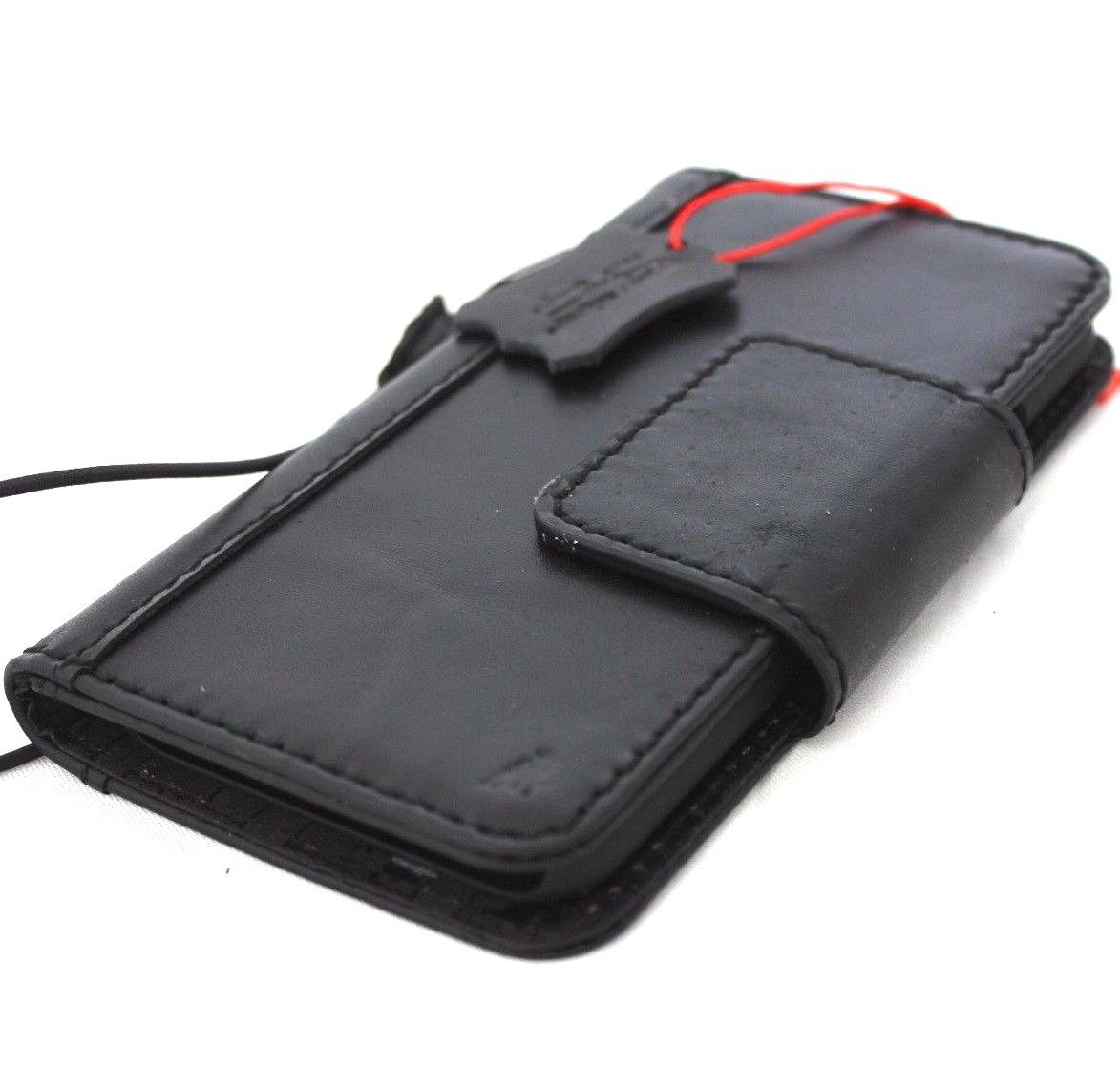 Black genuine leather iPhone X case with card slots and magnet closure, featuring a slim vintage design and handmade craftsmanship.