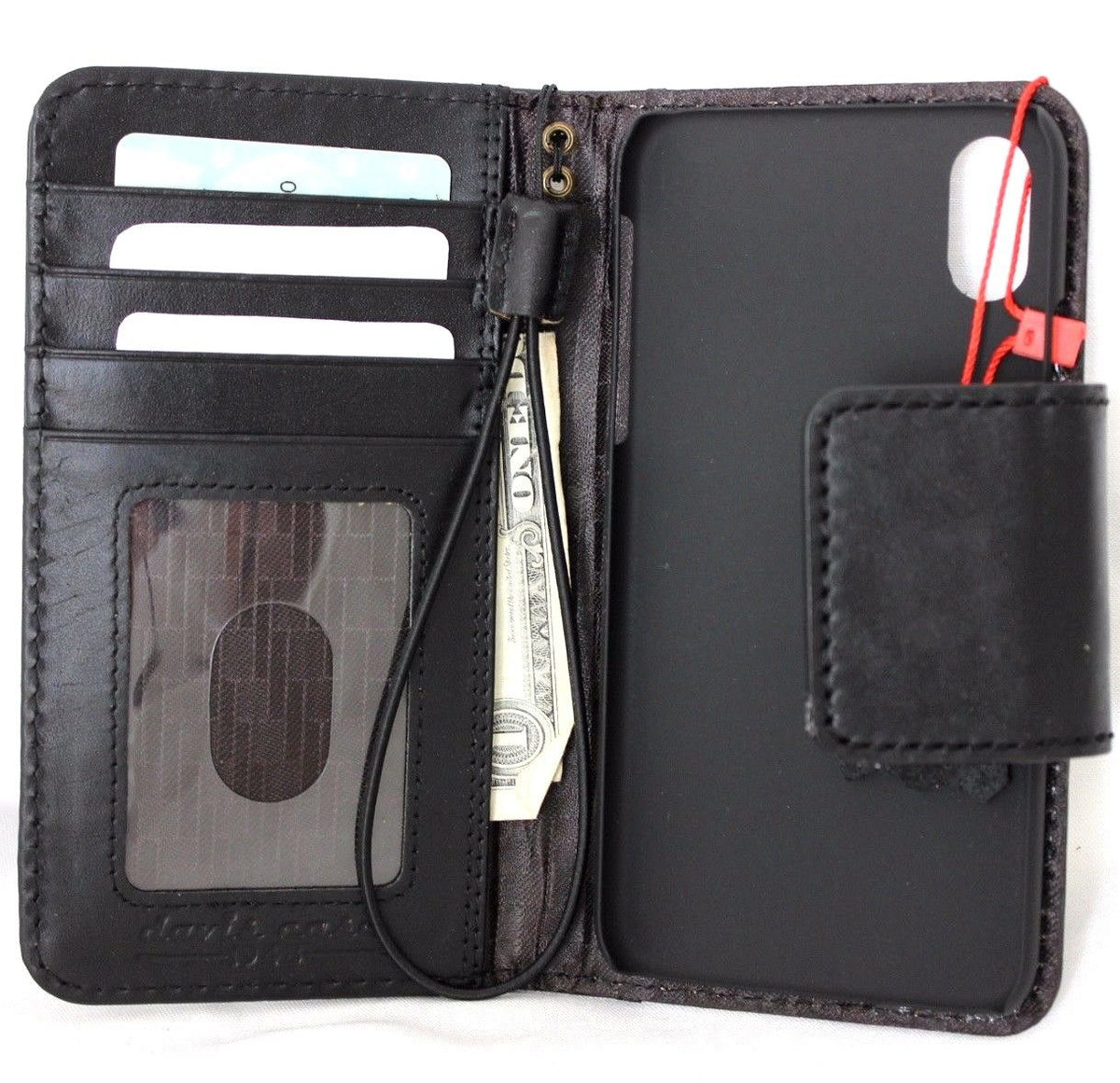 Black genuine leather iPhone X case with wallet design, card slots, magnet closure, slim vintage style, handmade by Daviscase