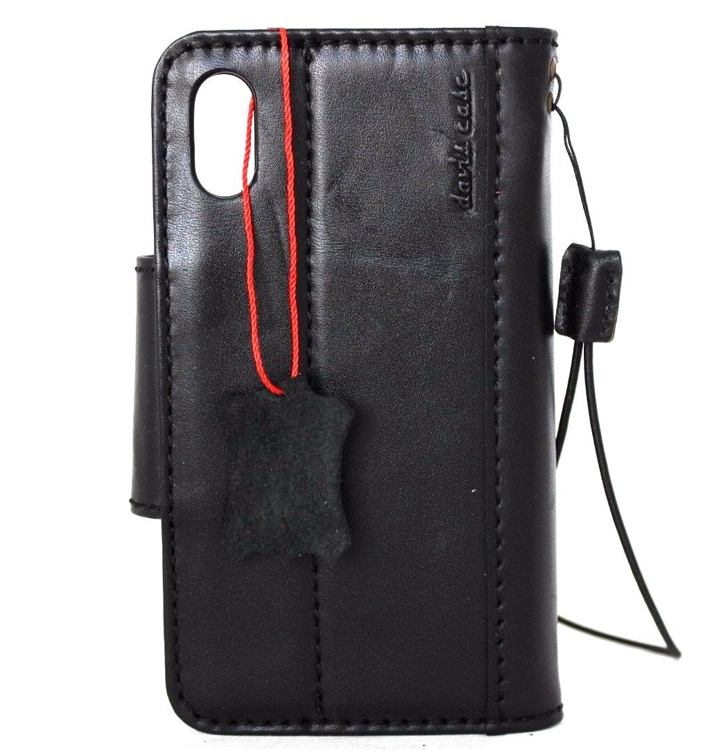 Black genuine leather iPhone X case with wallet design, card slots, magnet closure, slim vintage style, handmade by Daviscase.