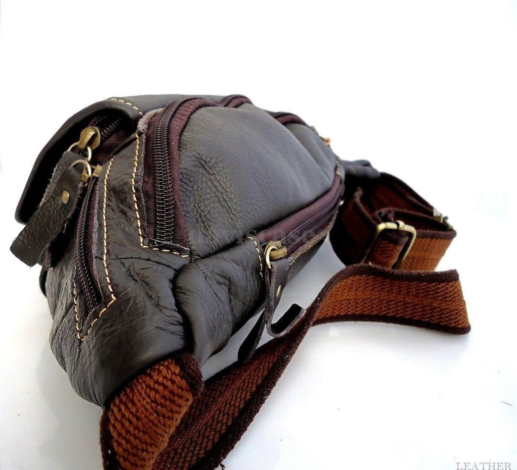 Genuine full soft leather men's waist pouch and sling backpack with zipper, designed for carrying cellphones by DAVISCASE.