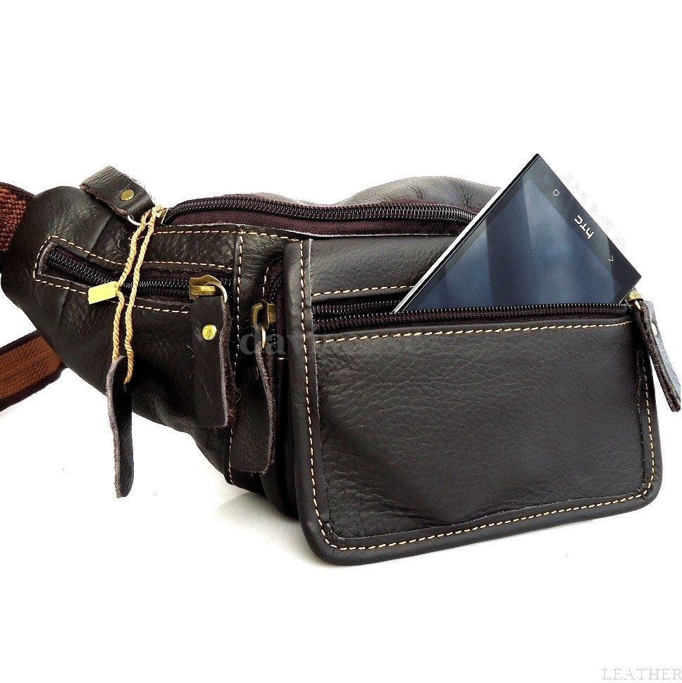 Genuine full soft leather men's zipper waist pouch sling backpack with cellphone compartment by DAVISCASE.