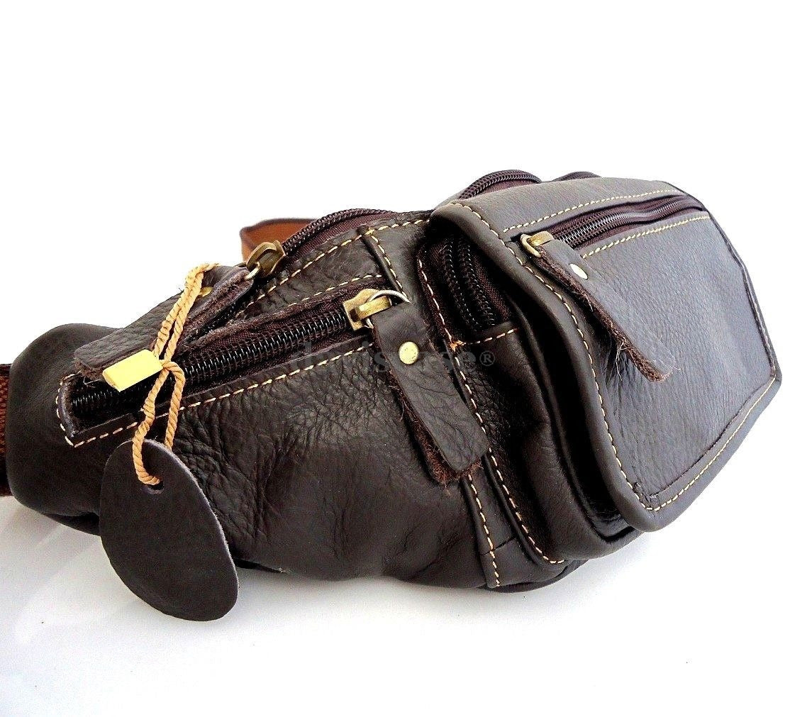 Men's DAVISCASE soft leather zippered waist pouch and sling backpack with cellphone compartment, stylish and functional leather bag.