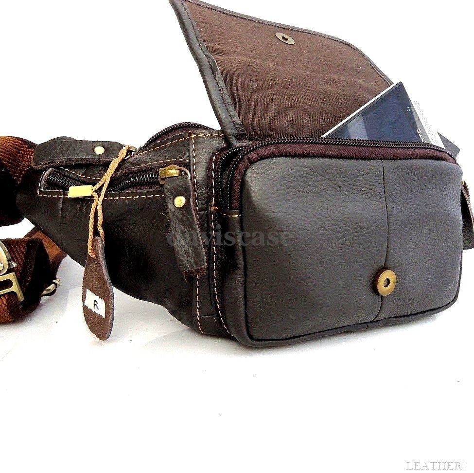 Genuine full soft leather men's waist pouch and sling backpack by DAVISCASE with zipper closure and space for cellphone.