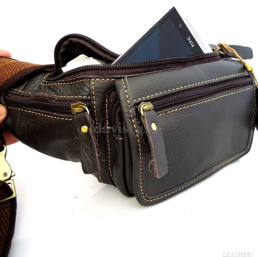 Genuine full soft leather men's zipper waist pouch and sling backpack by DAVISCASE, featuring a cell phone compartment and stylish design.