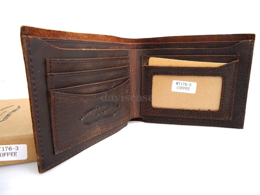 Men's vintage leather money clip wallet with coin pocket, designed for credit cards and ID, featuring a retro style.