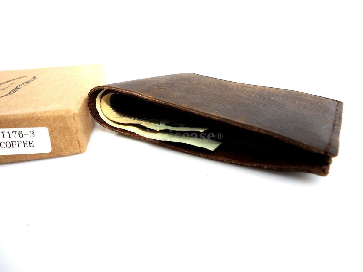Men's vintage leather money clip wallet with coin and credit card slots, featuring a retro design and ID window.