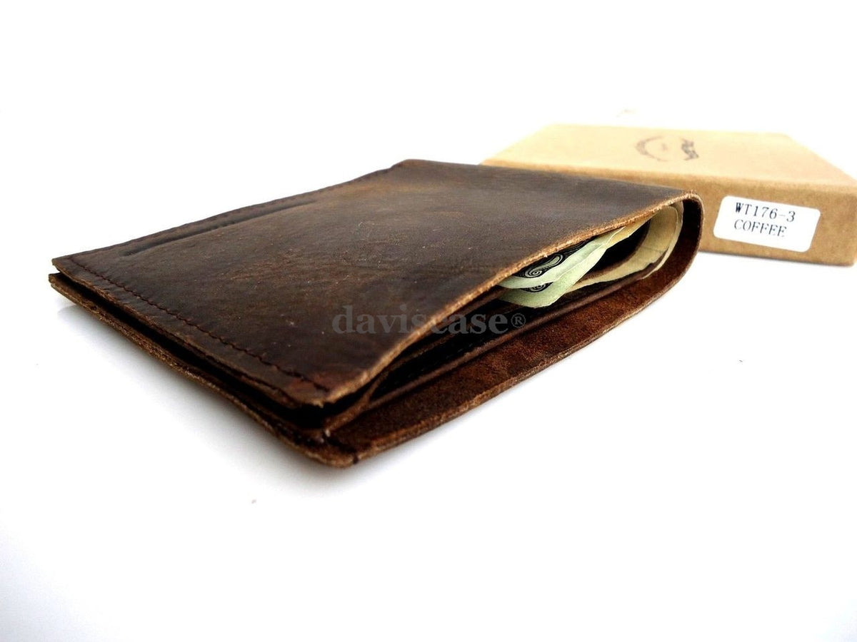 Men's vintage leather money clip wallet with coin pocket, credit card slots, and ID window, crafted from genuine leather.