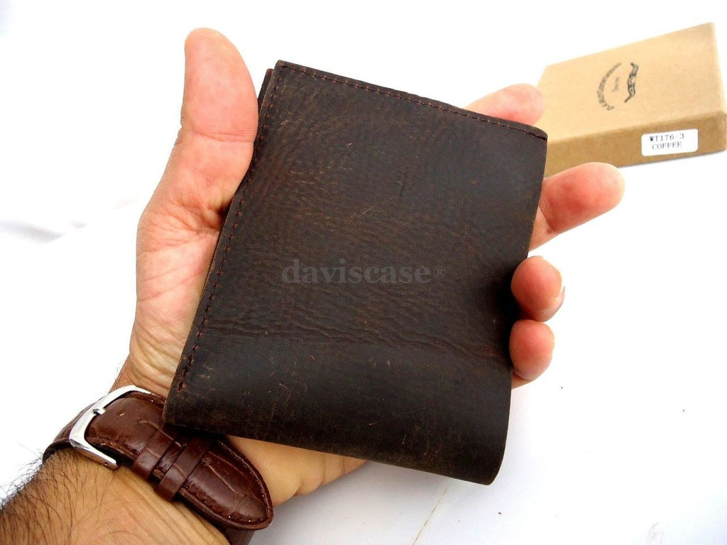 Men's vintage leather money clip wallet with coin pocket and credit card slots, featuring retro design and ID holder.
