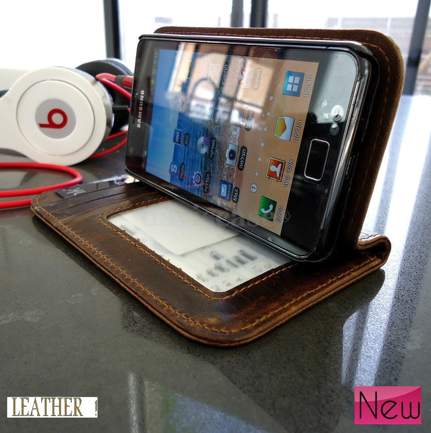 Handmade genuine leather phone case for Samsung Galaxy S2, with card pocket, designed for a snug fit and stylish protection.