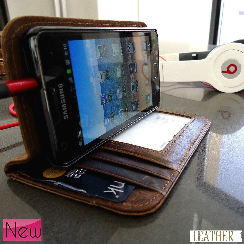 Handmade genuine leather phone case for Samsung Galaxy S2, with card pocket, designed for a snug fit and stylish protection.