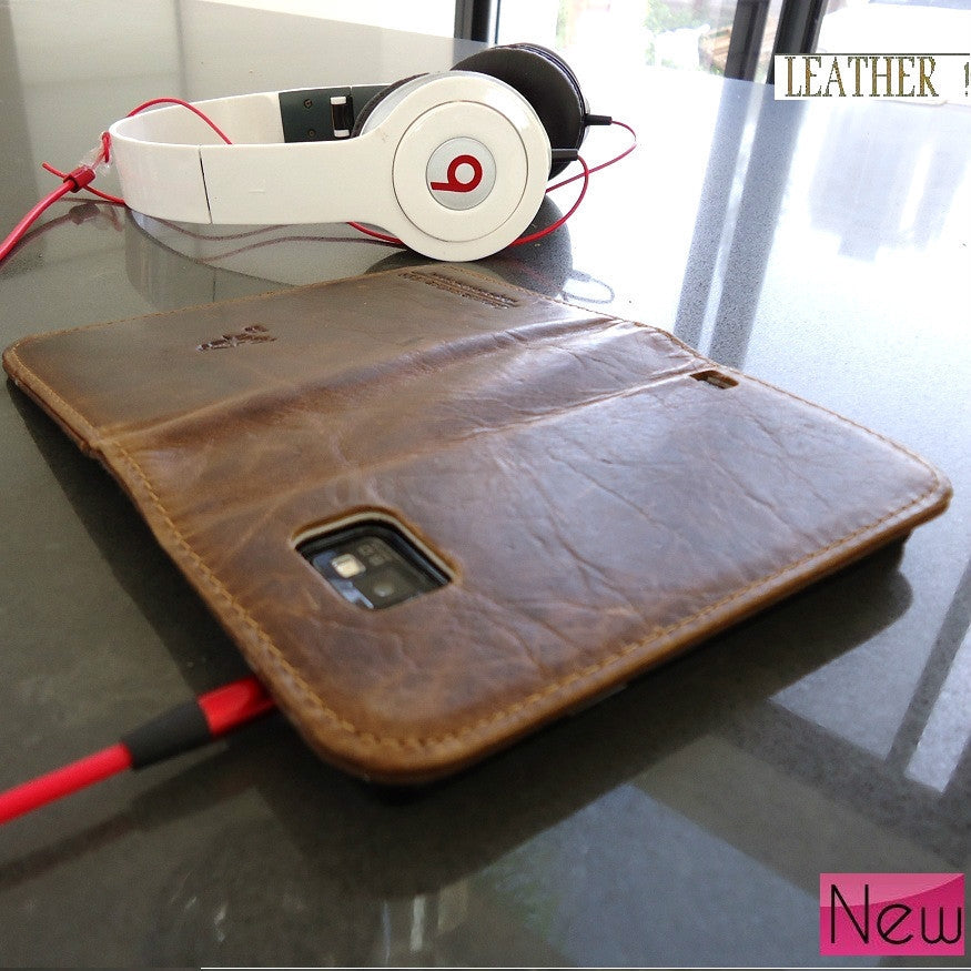 Handmade genuine leather phone case for Samsung Galaxy S2, featuring a pull-fit design with pocket card holder.