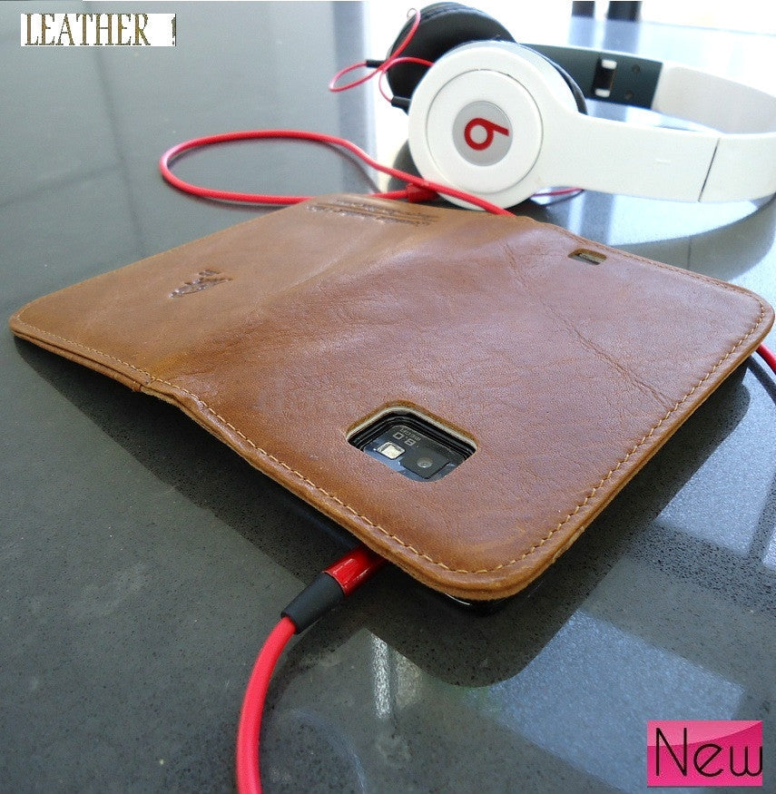 Genuine leather Samsung Galaxy S2 book wallet case with stand feature, handmade pouch in brown leather with card slots.