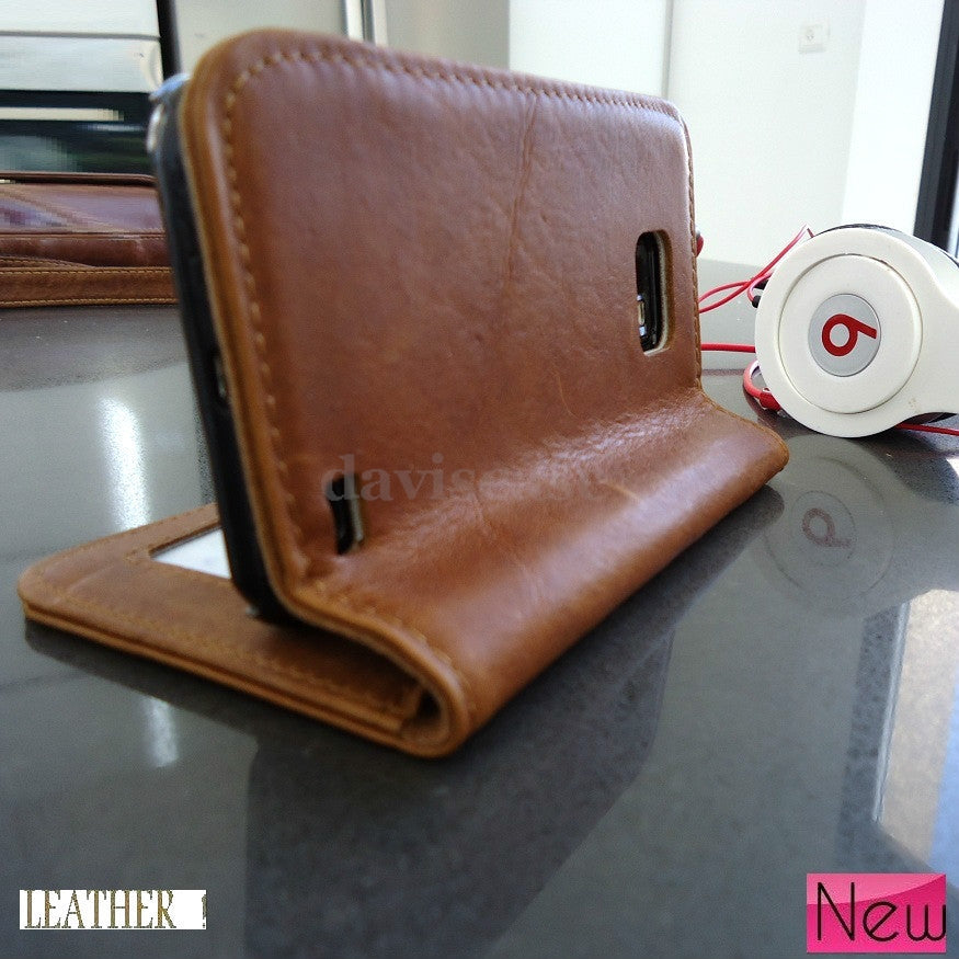 Handmade genuine leather Galaxy S2 phone case with stand pouch, designed for Samsung Galaxy SII with card slots and secure fit.