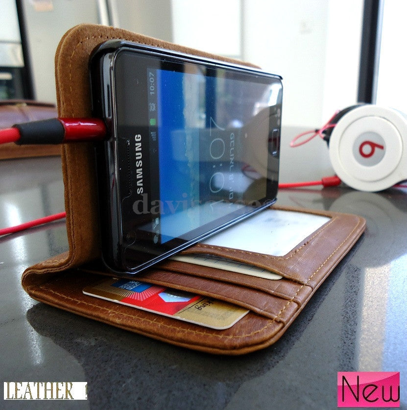 Handmade genuine leather Samsung Galaxy S2 wallet case with stand feature, crafted for protection and style.