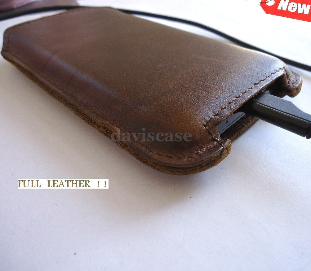 Handmade genuine leather Samsung Galaxy S2 phone case with pull-fit design, featuring a sleek, natural leather finish.