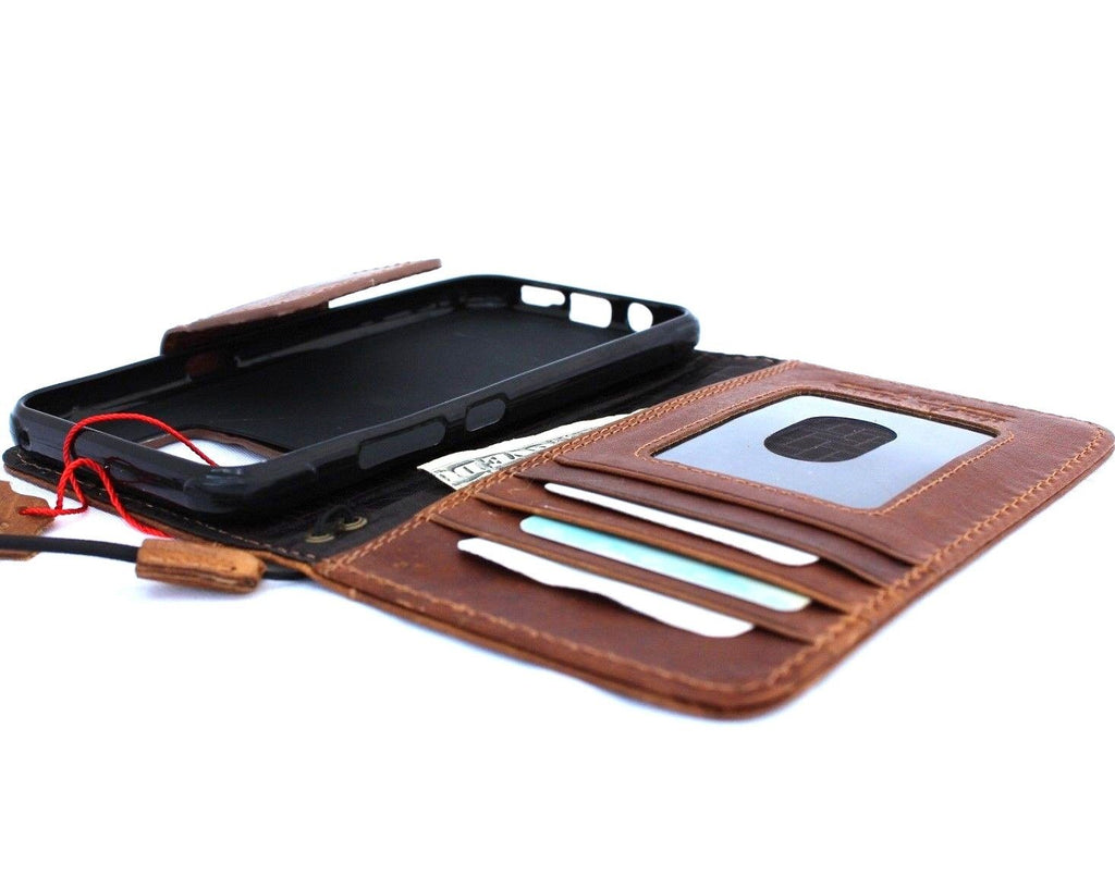 Handmade genuine oiled leather wallet case for Samsung Galaxy S8 Active, featuring a book-style design and card slots.