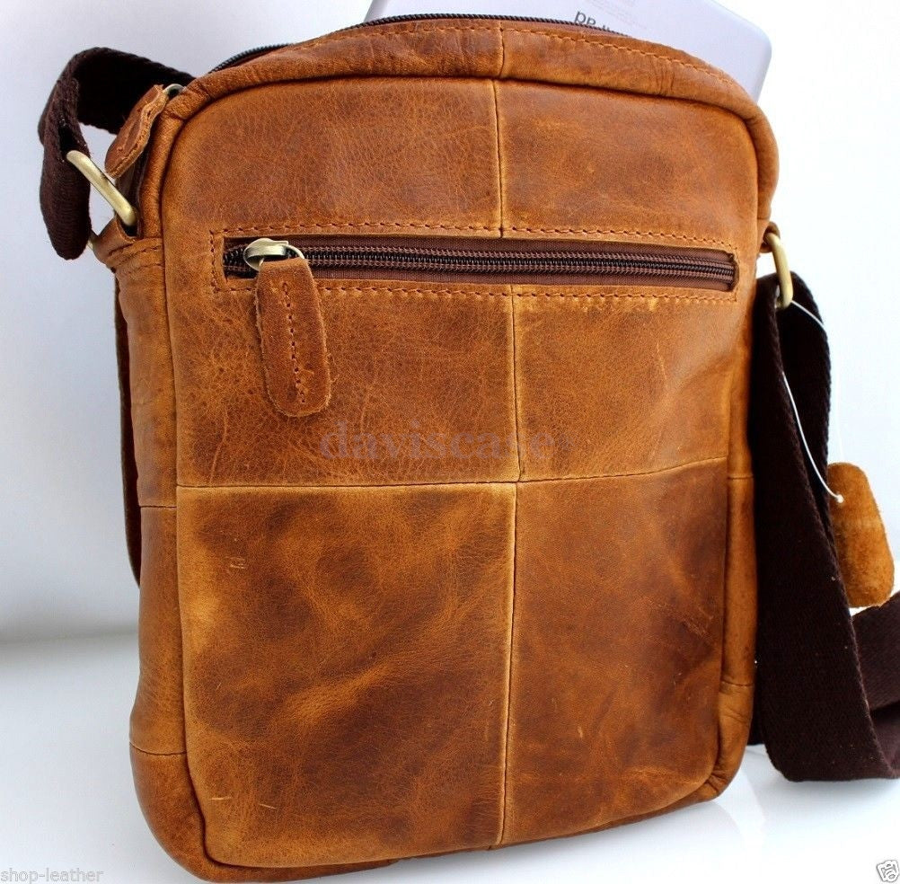 Mens vintage leather shoulder satchel bag by DAVISCASE with crossbody strap, handcrafted hobo style leather messenger purse.