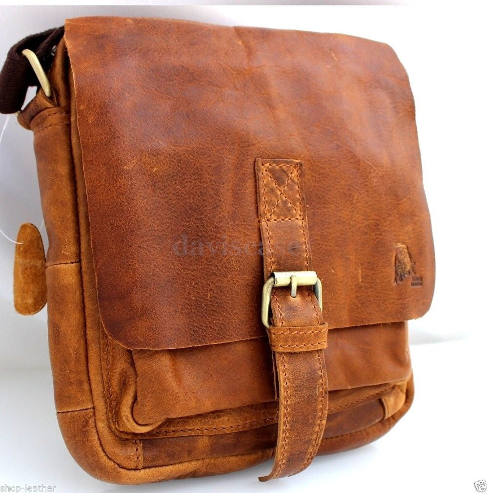 Men's vintage leather shoulder satchel bag by DAVISCASE, handcrafted messenger crossbody purse with hobo style and durable leather.