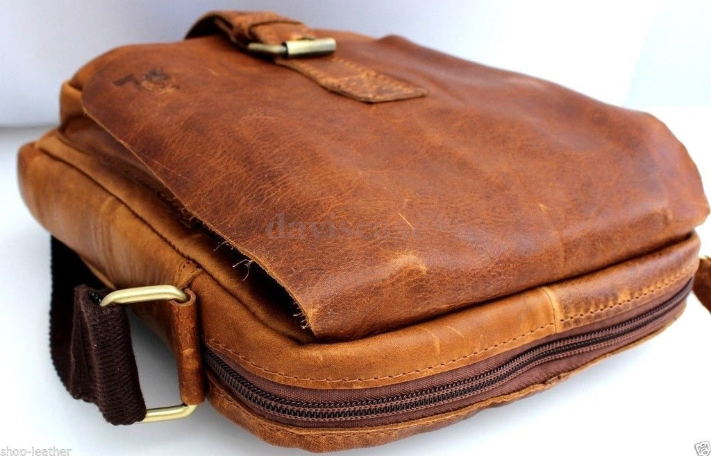 Mens vintage leather shoulder satchel bag by DAVISCASE, handcrafted crossbody messenger purse with hobo style and natural leather finish.