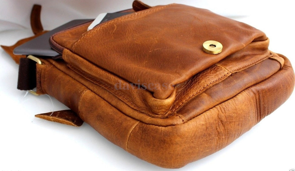 Mens vintage leather shoulder satchel bag by DAVISCASE, handcrafted crossbody messenger purse with hobo-style design.