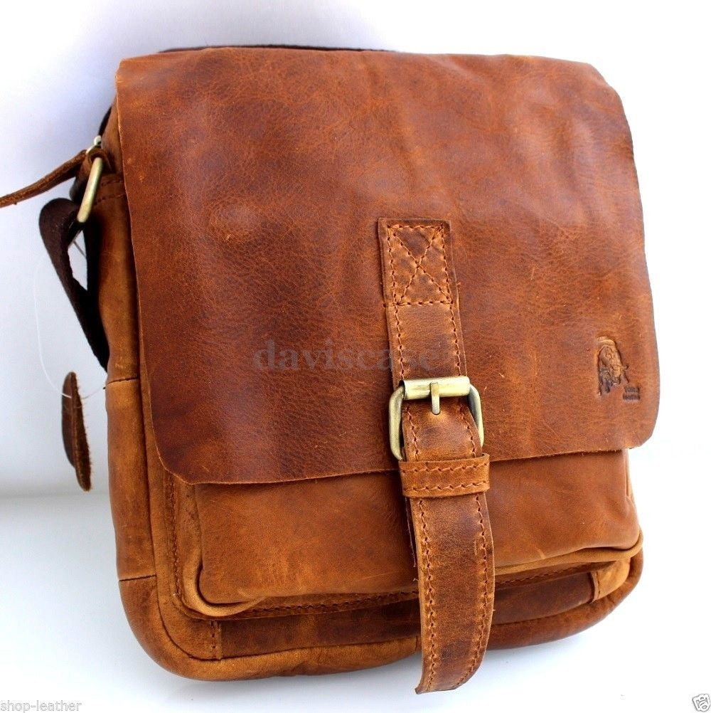 Mens vintage leather shoulder satchel bag by DAVISCASE, handcrafted crossbody messenger purse with hobo style and durable leather.