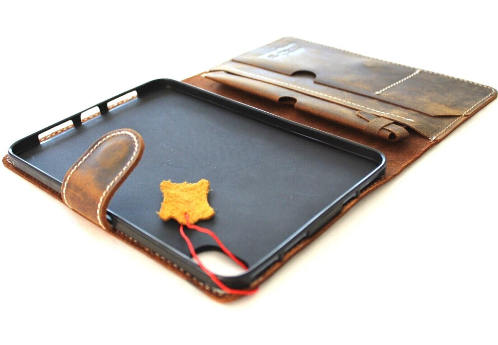 Genuine leather iPad Mini 4-6 case by DAVISCASE with card slots, dog paw design, vintage lion and bear accents, handmade craftsmanship.