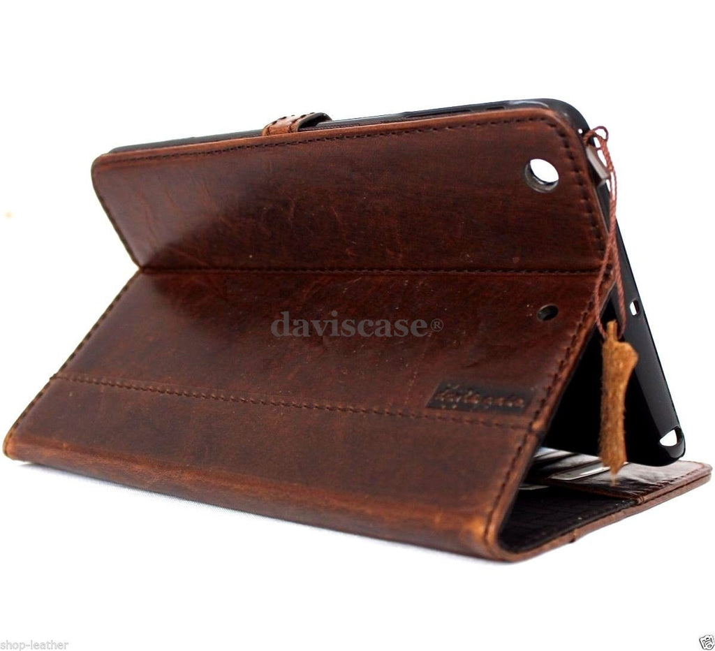 Brown genuine leather iPad Mini 4 case with card slots, stand feature, slim design, magnetic closure, for Apple iPad mini 4.