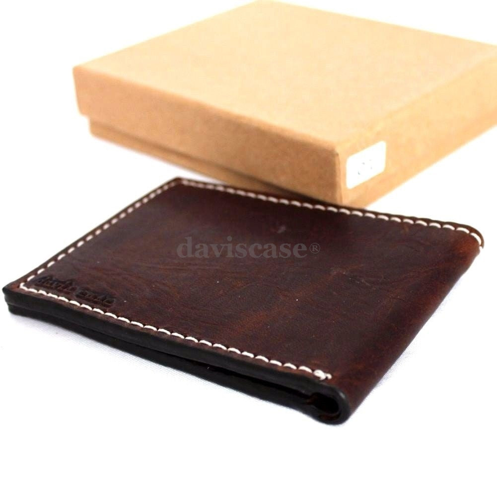 Men's genuine brown leather wallet by DAVISCASE with 6 credit card slots and a bill compartment, handmade and slim design.
