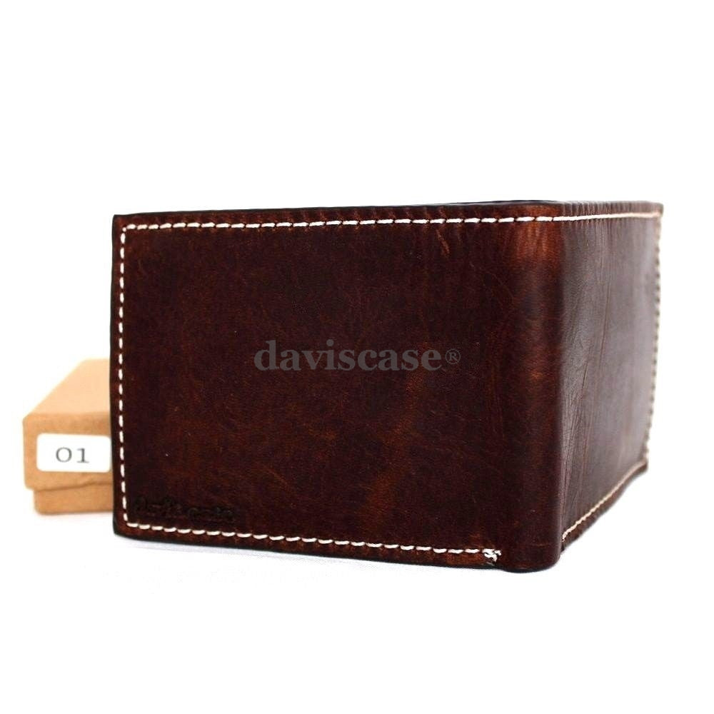 Men's genuine brown leather wallet by DAVISCASE with 6 credit card slots and a bill compartment, handmade and slim design.