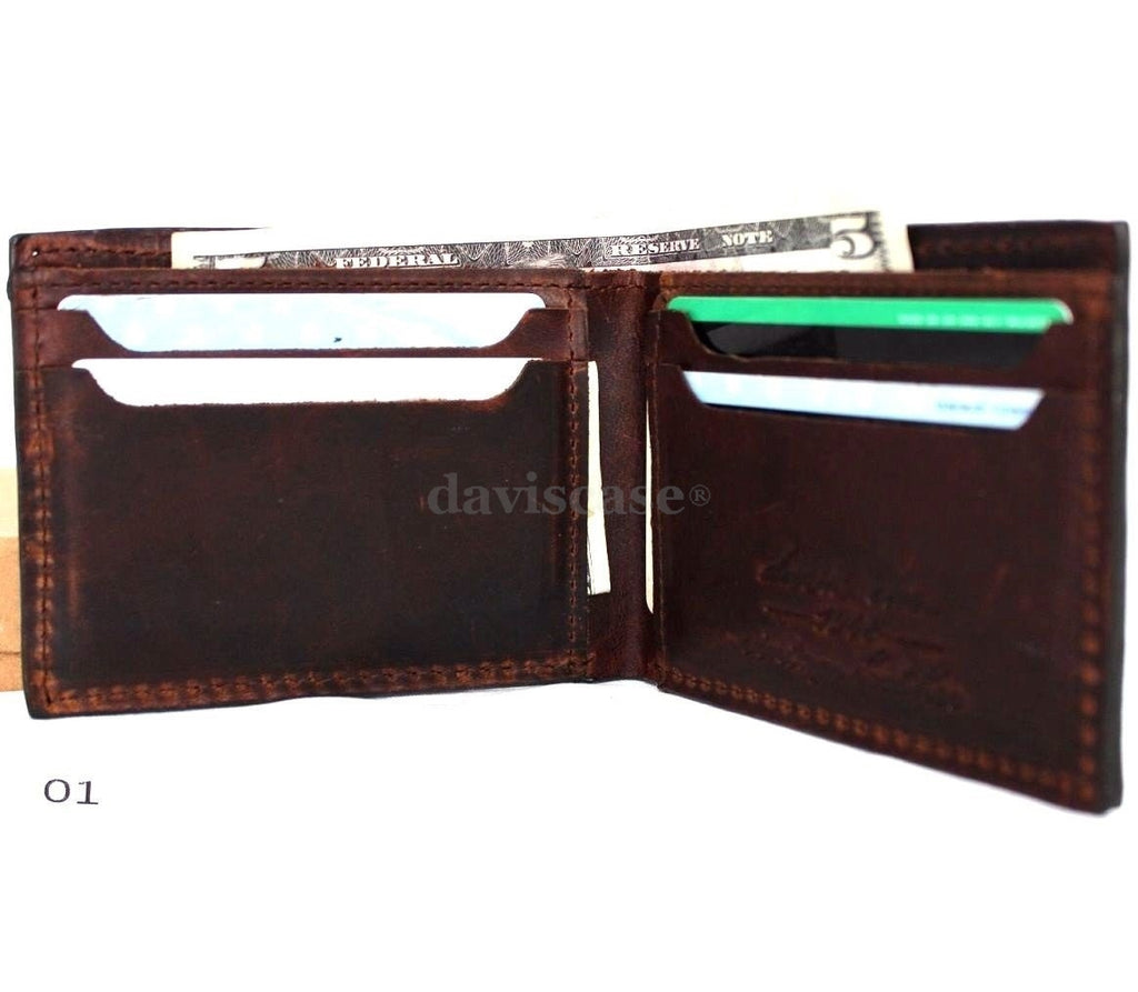 Men's brown DAVISCASE genuine leather wallet with 6 card slots and 1 bill compartment, handmade and slim design.