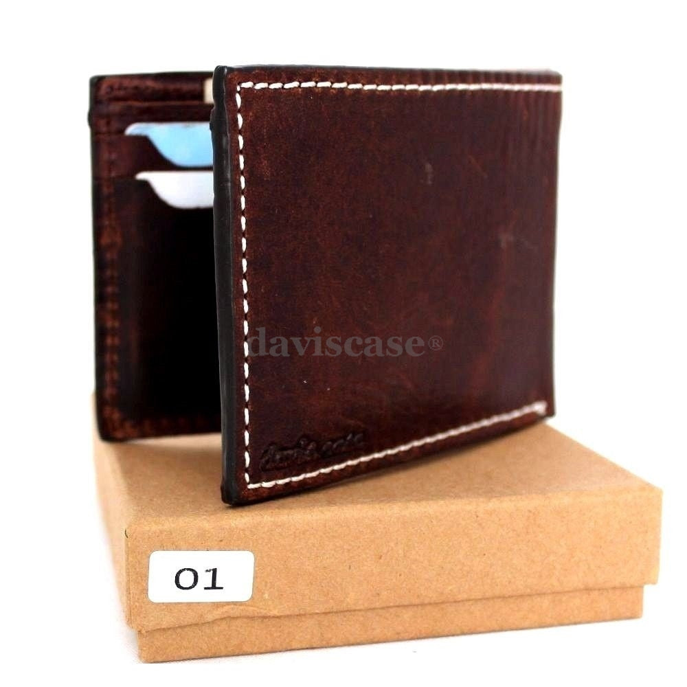 Men's genuine leather wallet by DAVISCASE with 6 credit card slots and a bill compartment, in brown, handcrafted and slim.