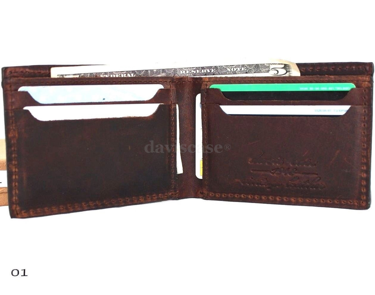 Men's brown DAVISCASE genuine leather wallet with 6 credit card slots and a bill compartment, handmade and slim design.
