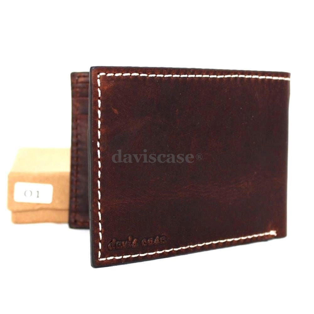 Men's brown genuine leather wallet by DAVISCASE with 6 credit card slots and a bill compartment, handmade and slim design.