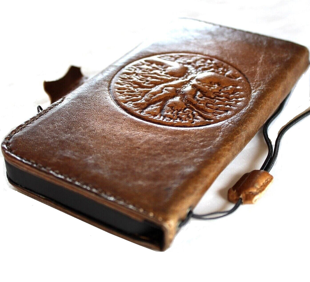 DavisCase handmade leather phone case with vintage style, wallet design, embossed dog paw and bear, fits iPhone 11-15 Pro Max and Galaxy S21.