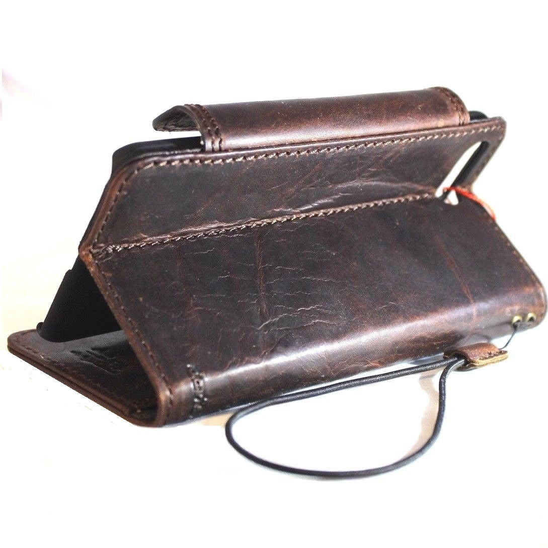 Genuine full leather iPhone 8 Plus wallet case by DAVISCASE, natural slim leather holder with card slots and luxury finish.