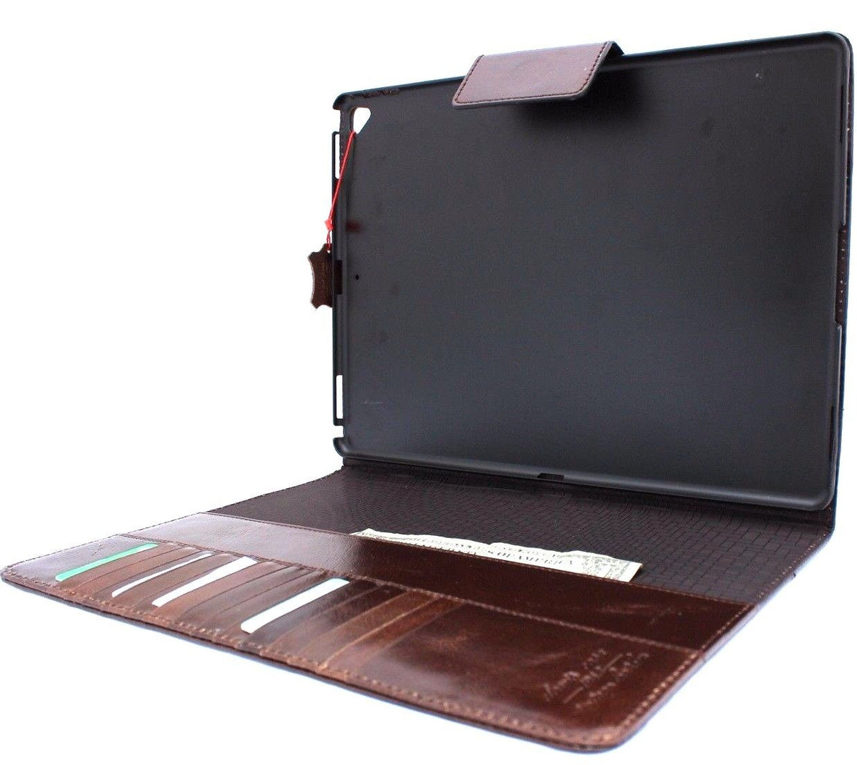 Brown genuine leather iPad Pro 12.9 case by DAVISCASE with a stand, magnetic closure, card slots, and slim design.