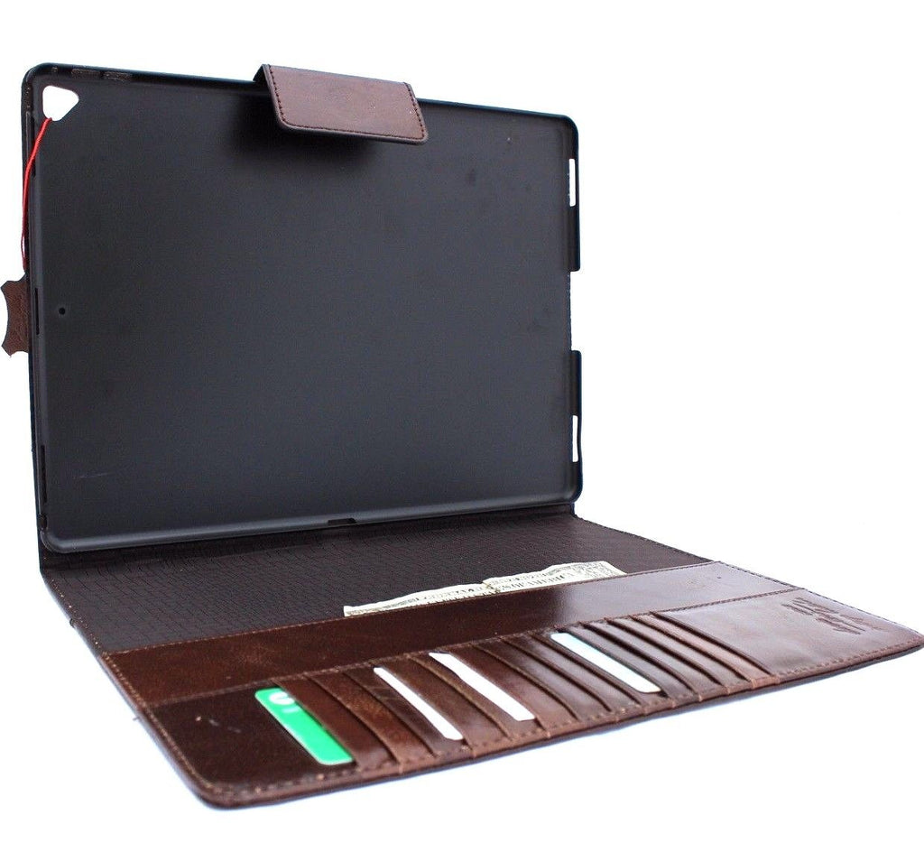 Brown genuine leather case for Apple iPad Pro 12.9 (2017) with stand, magnetic closure, card slots, and luxury design by DAVISCASE.