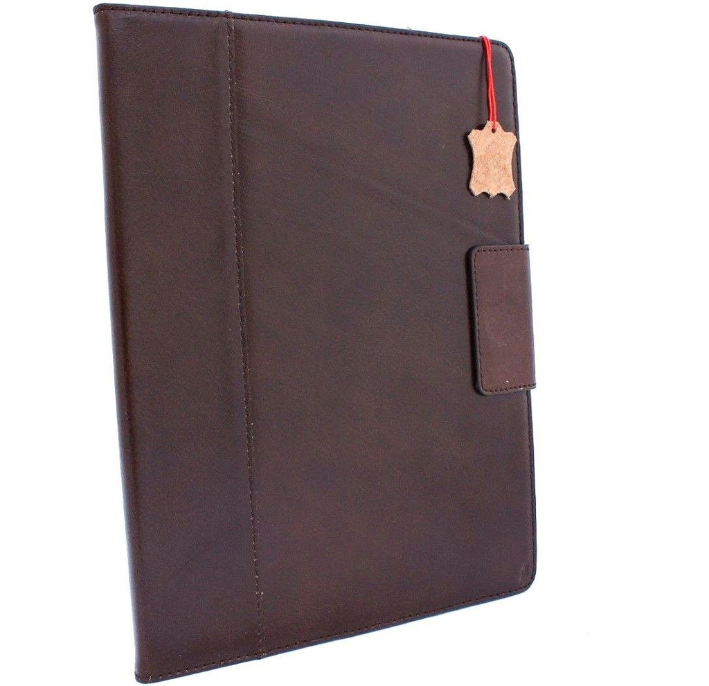 Brown genuine leather iPad Pro 12.9 case with magnetic stand, slim design, card slots, and luxury DAVISCASE branding.
