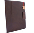 Brown genuine leather iPad Pro 12.9 case with magnetic stand, slim design, card slots, and luxury DAVISCASE branding.